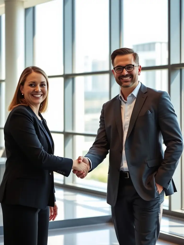 A photograph of a person confidently shaking hands with another person in a modern office, symbolizing a successful partnership and the benefits of expert guidance in website investments.