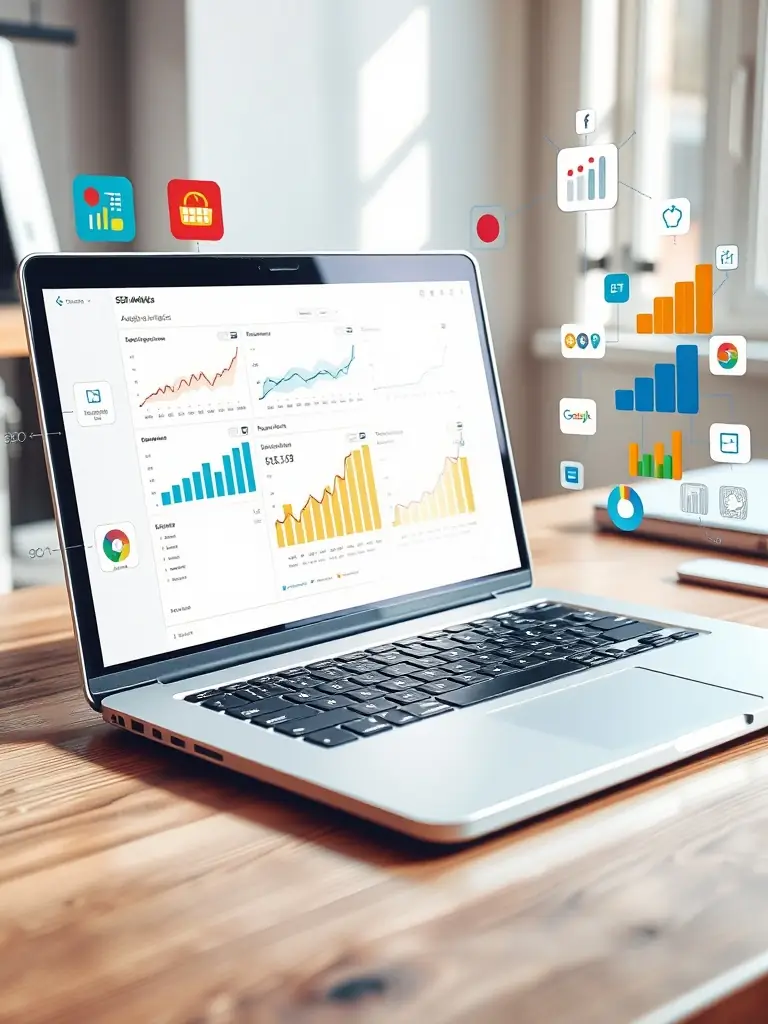 A professional photograph of a modern laptop displaying a website analytics dashboard, showcasing positive growth trends and key performance indicators, set in a bright, contemporary office environment.