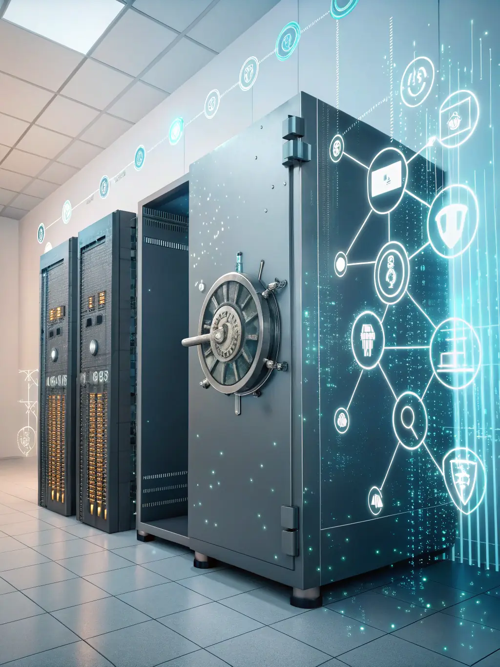An image of a secure digital vault with a glowing interface, symbolizing the safety and security of website investments, with encrypted data streams flowing around it.